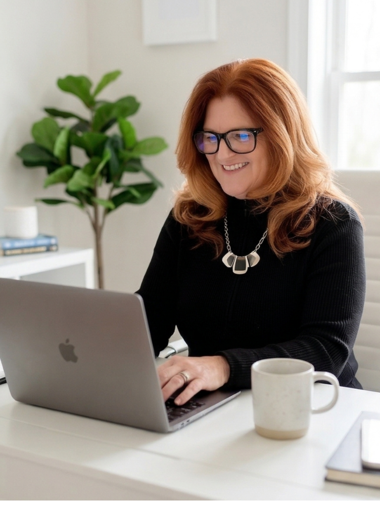 Deb Shimojima, founder of Off My Desk Professionals, working at her desk in Los Angeles