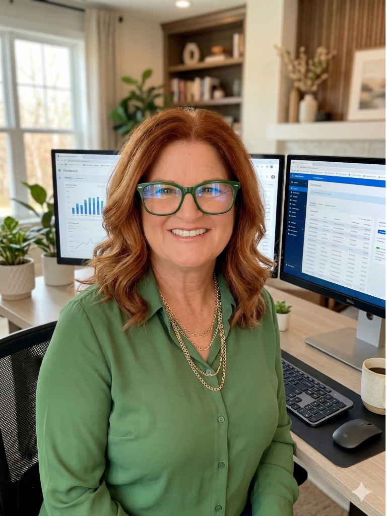 Deb Shimojima at her desk with organized digital workspace